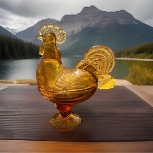 Amber Glass Rooster Candy Dish
